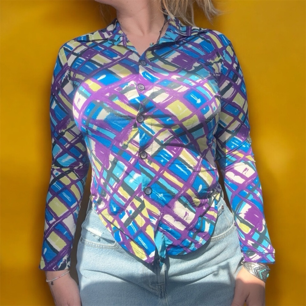 VTG Rich Birds Colorful Geometric Stretchy Button Down Top Long Sleeves Y2K - Picture 3 of 12
